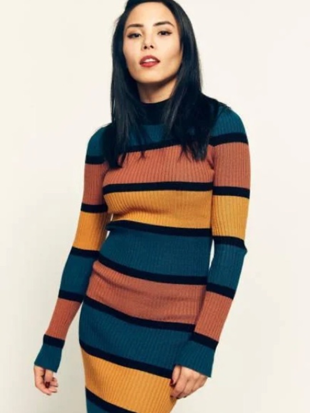 Ribbed Striped Turtleneck Knit Dress - Teal, Rust & Mustard